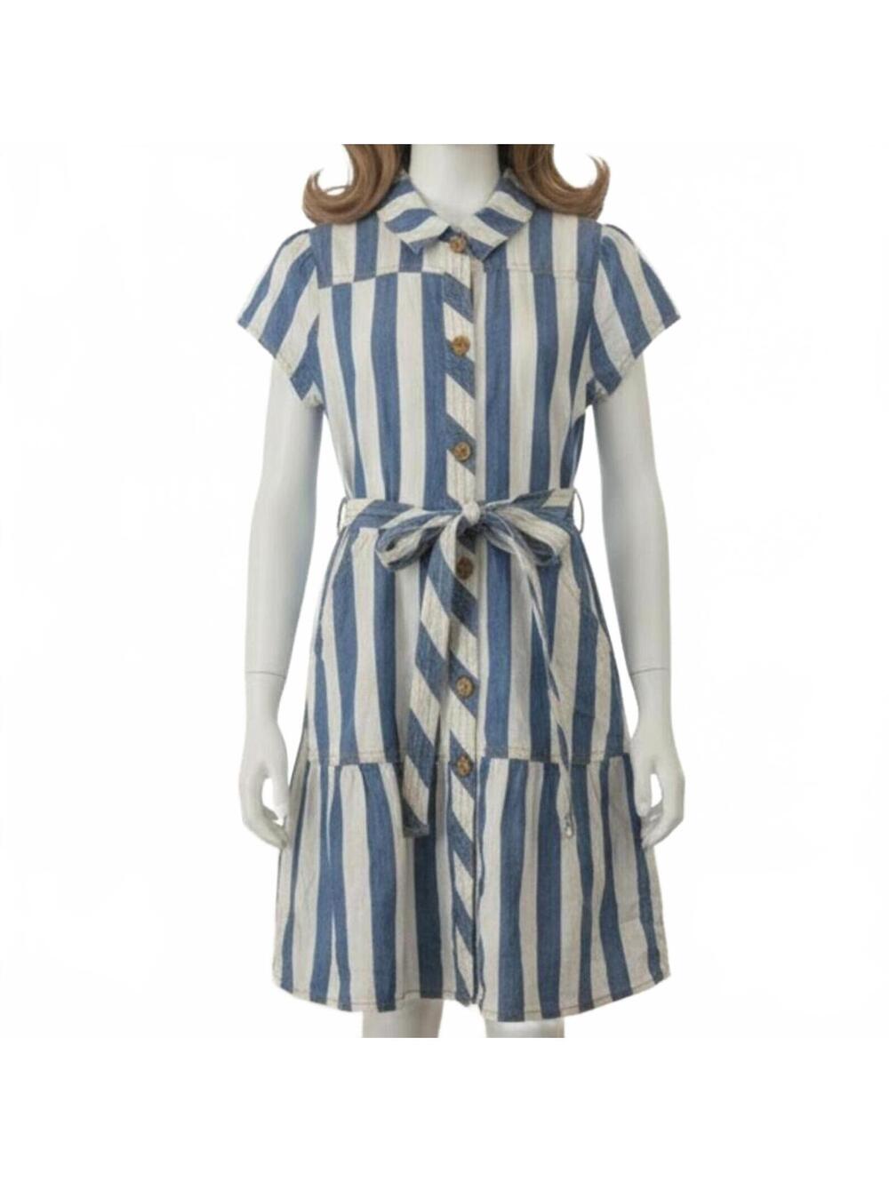DRESS Blue and White Striped Button-Up Dress with Belt size M by wonder nation